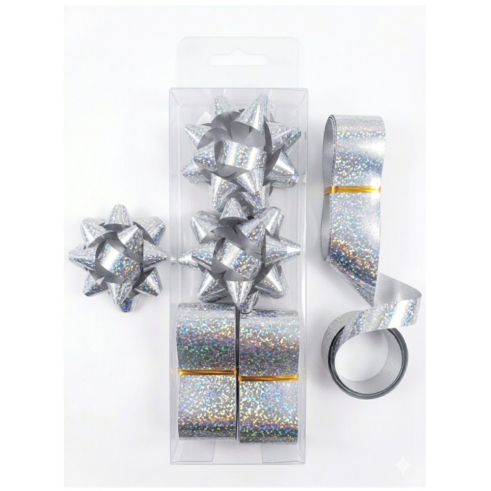 Gift Decoration Star Shaped Bows And Rolls Of Ribbons - Silver Glitter - Pack Of 2 Pcs Each
