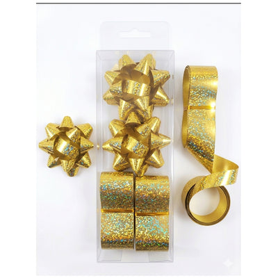 Gift Decoration Star Shaped Bows And Rolls Of Ribbons - Gold Glitter - Pack Of 2 Pcs Each
