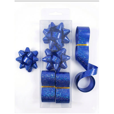 Gift Decoration Star Shaped Bows And Rolls Of Ribbons - Blue Glitter - Pack Of 2 Pcs Each