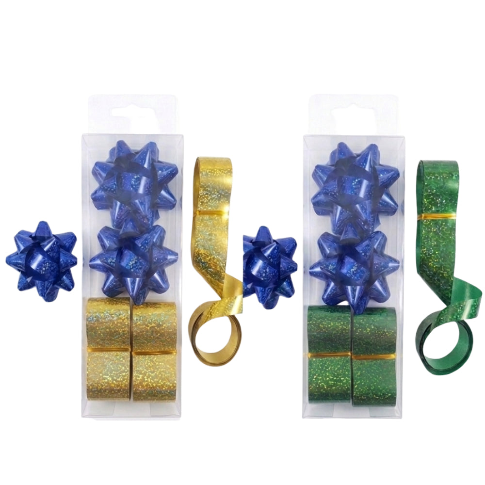 Gift Decoration Star Shaped Bows And Rolls Of Ribbons Glitter - Assorted Colours - Pack Of 2 Pcs Each
