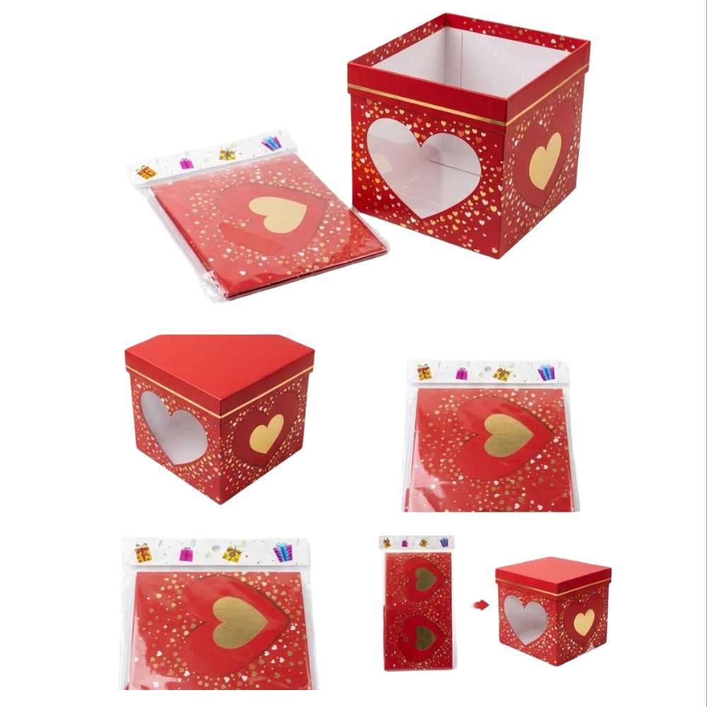 Folding Gift Box - Collapsible Heart Theme - Red Colour - 15X15X15Cm