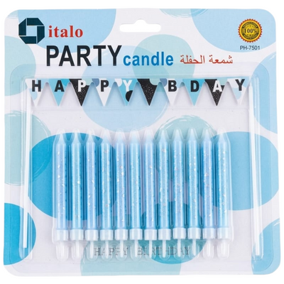 Party Celebration Candle With Happy Birthday Topper - Blue And Sky Blue Glitters - Pack Of 12 Pcs