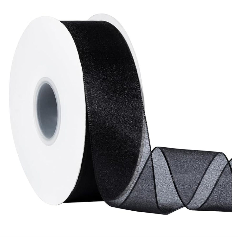 Wired Sheer Organza Ribbon For Craft Decoration - Black - 40 Mm X 9.1 M Roll