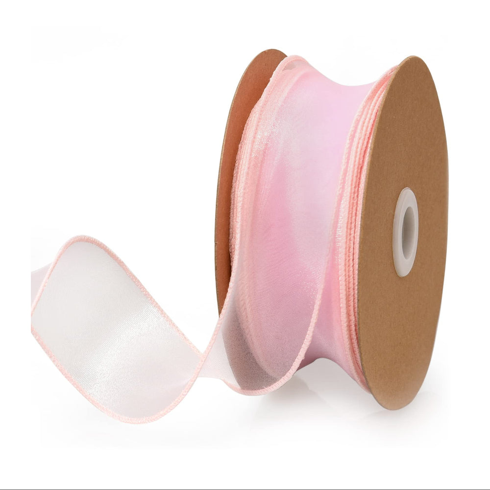 Wired Sheer Organza Ribbon For Craft Decoration - Light Pink - 40 Mm X 9.1 M Roll