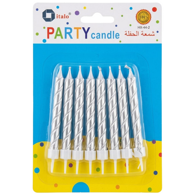 Cake Decoration Spiral Candle - Metallic Silver - Pack Of 8 Pcs