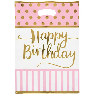 Happy Birthday Themed Party Gift Loot Bag - Pink Colour - Pack Of 10 Pcs - 30X21 Cm