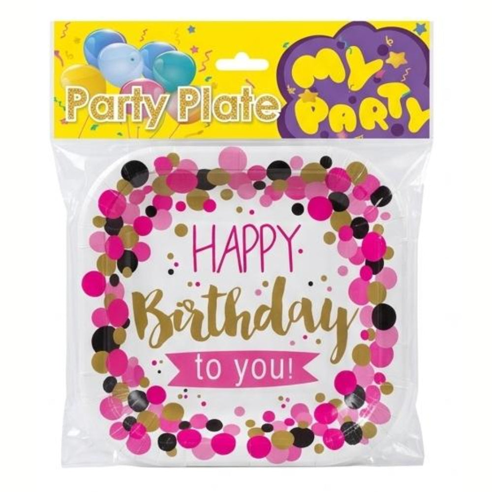 Happy Birthday Confetti Theme Disposable Party Plates - 7 Inch - Pack Of 6 Pcs