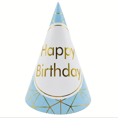 Happy Birthday Geometric Grid Pattern Party Cone Cap - Party Hat - Light Blue