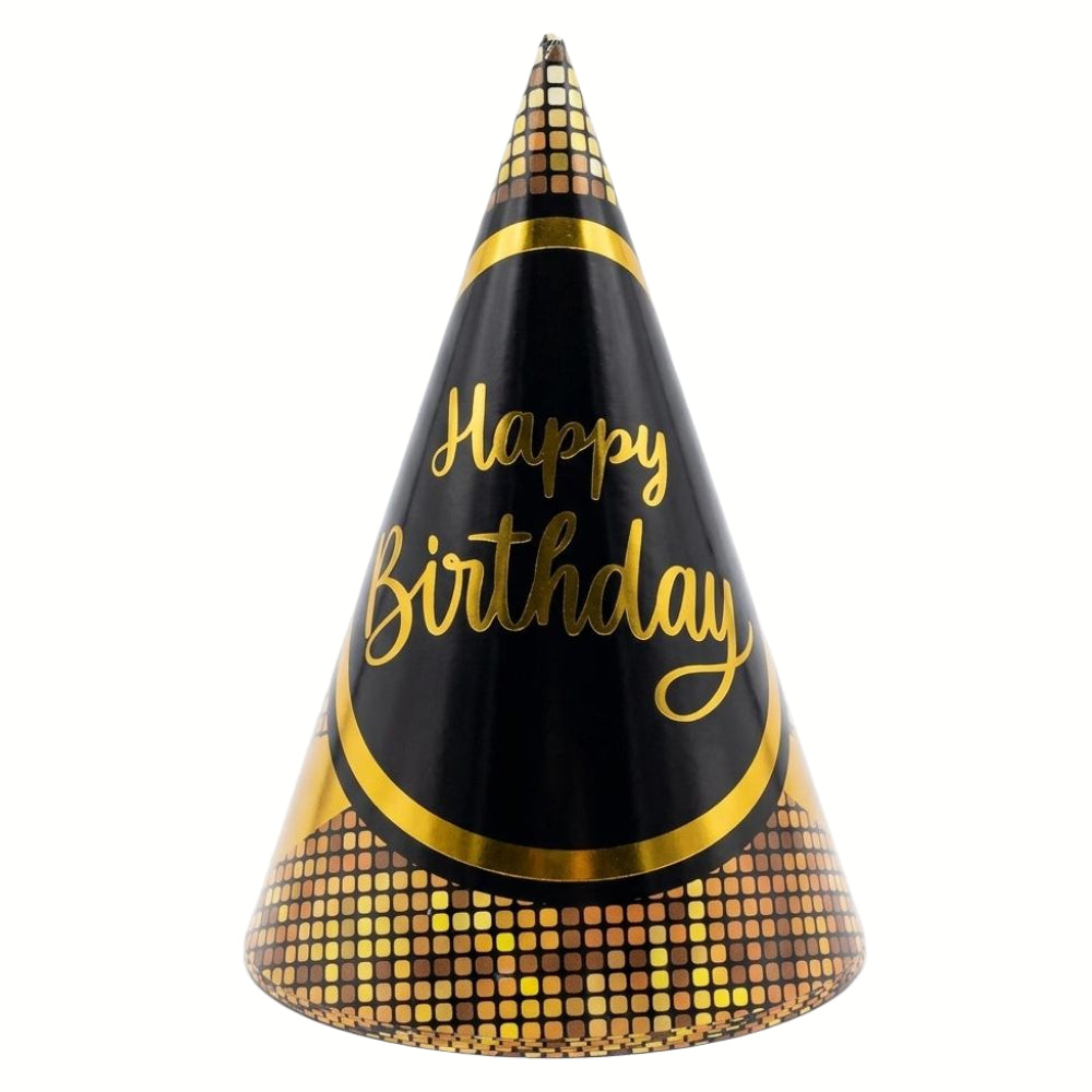 Happy Birthday Disco Tile Pattern Party Cone Cap - Party Hat - Pack Of 6 Pcs