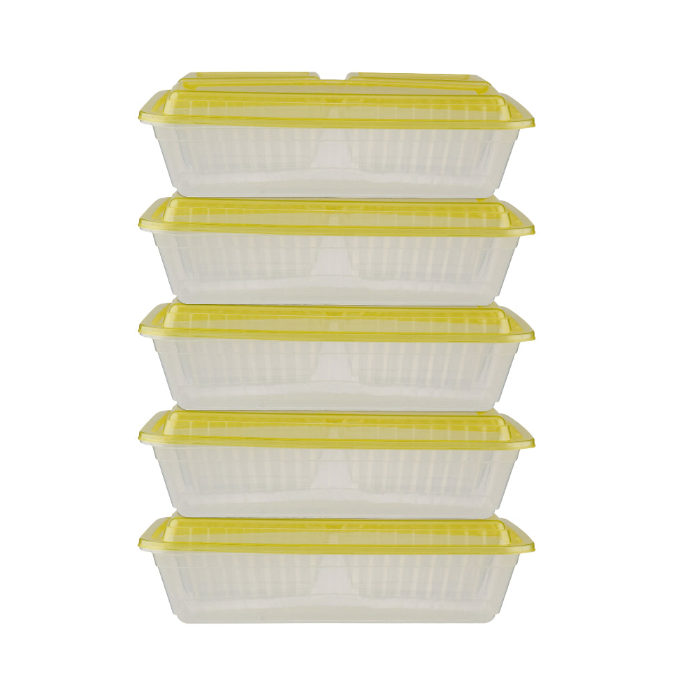 Hotpack Clear Ribbed Rectangular Microwave 3 Compartment Container With Color Lids - Yellow - 5 Pcs Set