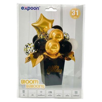 Happy Birthday Bloom Balloon Kit - Black And Gold - 31 Pcs Set