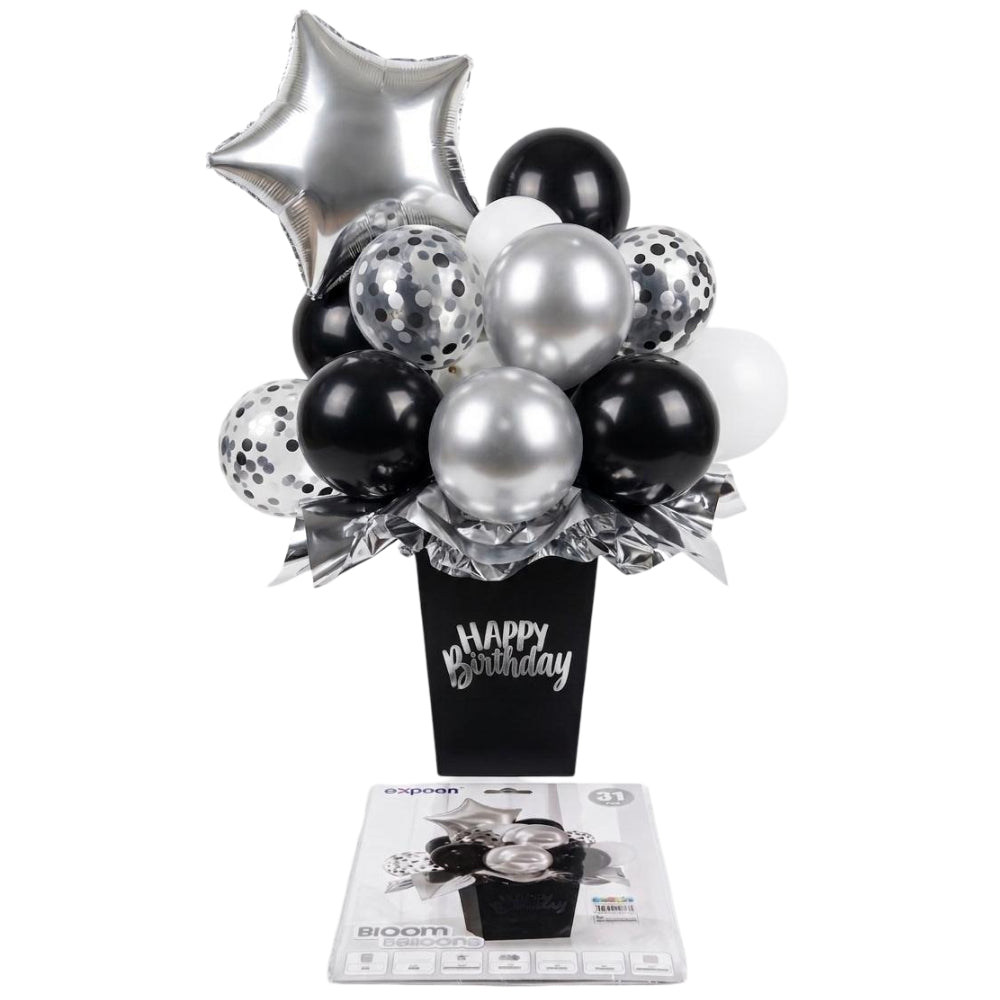 Happy Birthday Bloom Balloon Kit - Black And Silver - 31 Pcs Set