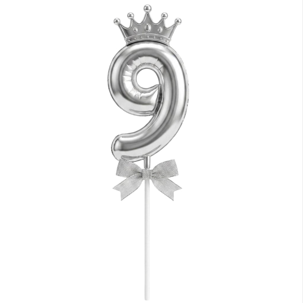 Cake Decoration Topper 9 Number With Crown - Siver Colour