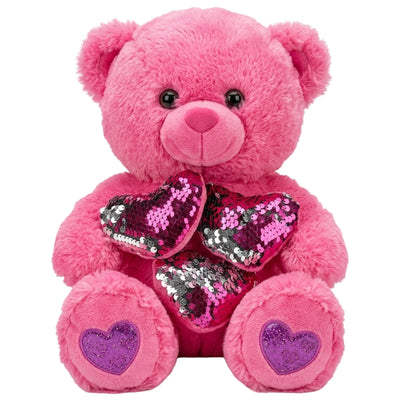 Teddy Bear Plush Doll With Heart Shaped 3 Sequins Pillow - Pink Colour - 30 Cm