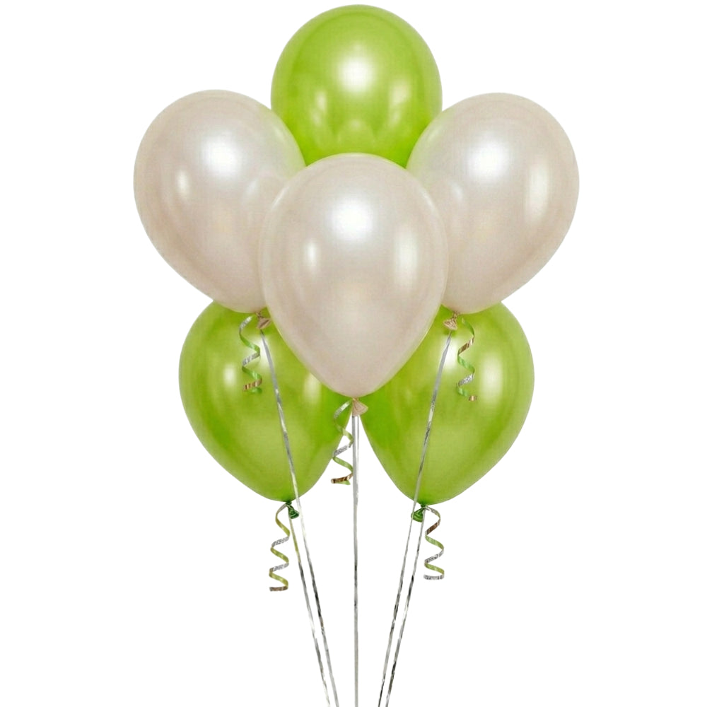 Metallic Helium Balloon Combo Set - Green And Pearl White - 6 Pcs