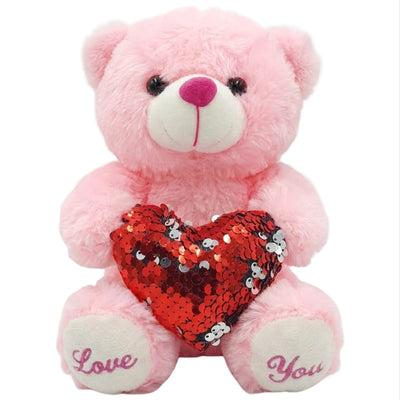 Teddy Bear Plush Doll With Sequins Heart Pillow - Pink Colour - 20 Cm