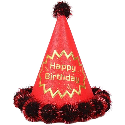 Happy Birthday Party Cap With Pom Poms - Red Glitter - 24 Cm