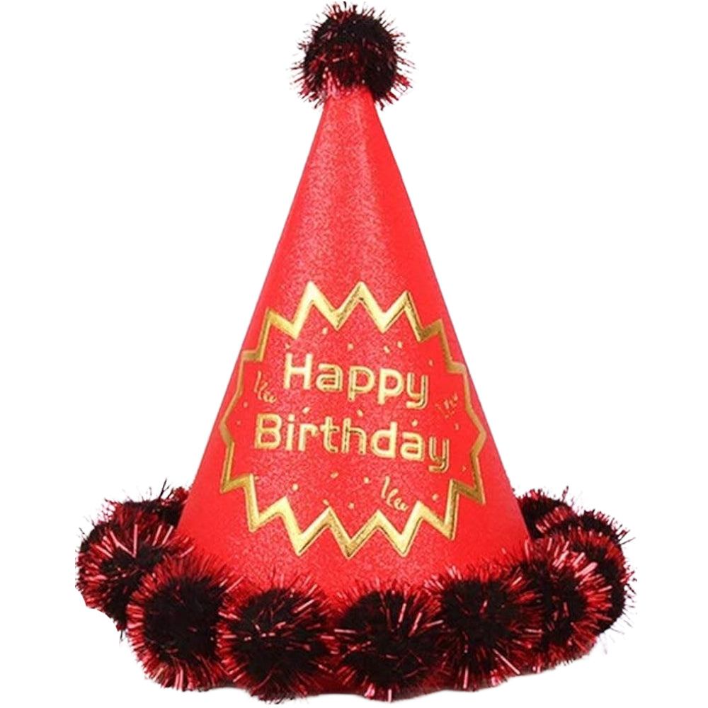 Happy Birthday Party Cap With Pom Poms - Red Glitter - 24 Cm