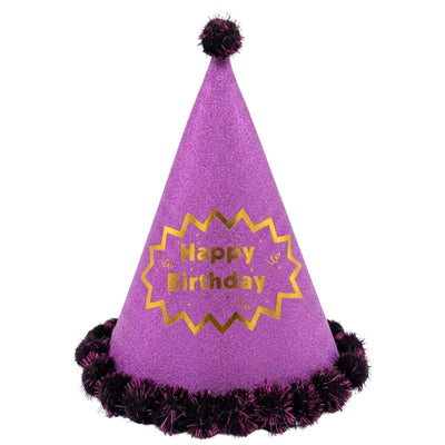 Happy Birthday Party Cap With Pom Poms - Purple Glitter - 24 Cm