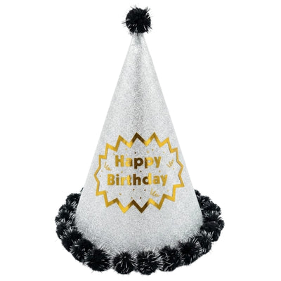 Happy Birthday Party Cap With Pom Poms - Silver Glitter - 24 Cm