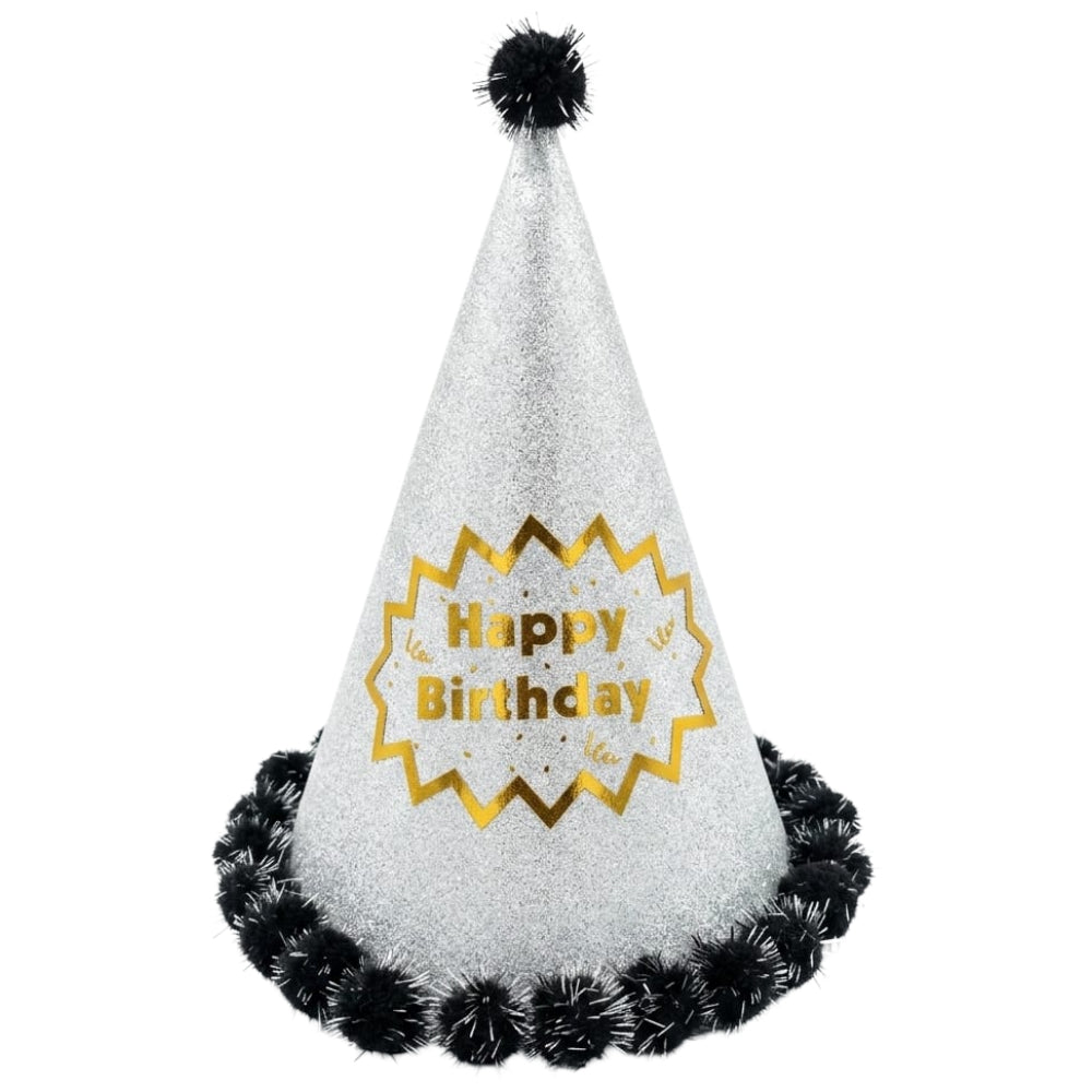 Happy Birthday Party Cap With Pom Poms - Silver Glitter - 24 Cm