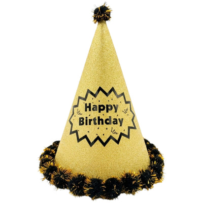 Happy Birthday Party Cap With Pom Poms - Gold Glitter - 24 Cm