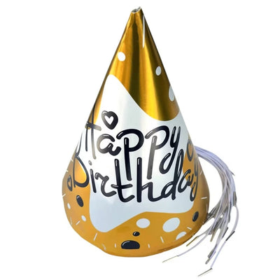 Happy Birthday Glossy Theme Party Cap - Metallic Gold - Pack Of 6 Pcs - 20 Cm