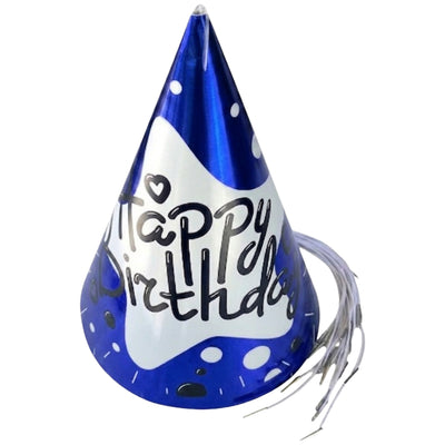Happy Birthday Glossy Theme Party Cap - Metallic Blue - Pack Of 6 Pcs - 20 Cm
