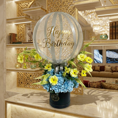 Happy Birthday Artificial Flower Arrangement With Bobo Balloon Gift Box
