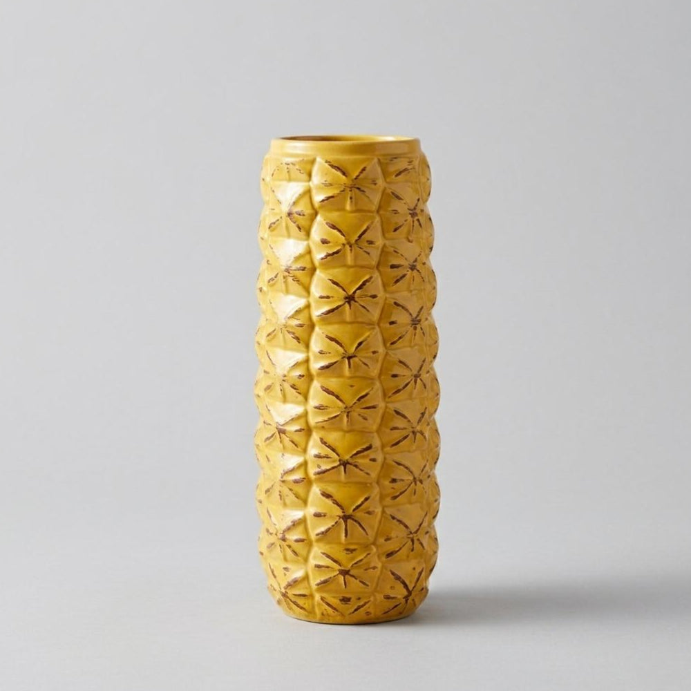Modern Yellow Pineapple Textured Ceramic Vase - Geometric Design Flower Vase - 10X26 Cm
