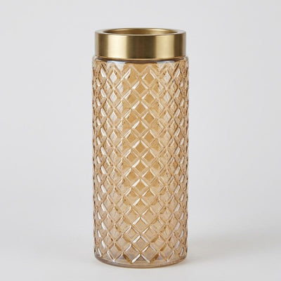 Amber Glass Vase With Gold Metal Rim - Flower Vase - 30X12 Cm