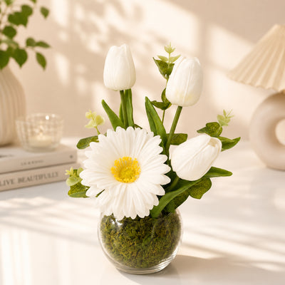 Artificial White Tulips and Gerbera Daisy Arranged in Glass Vase