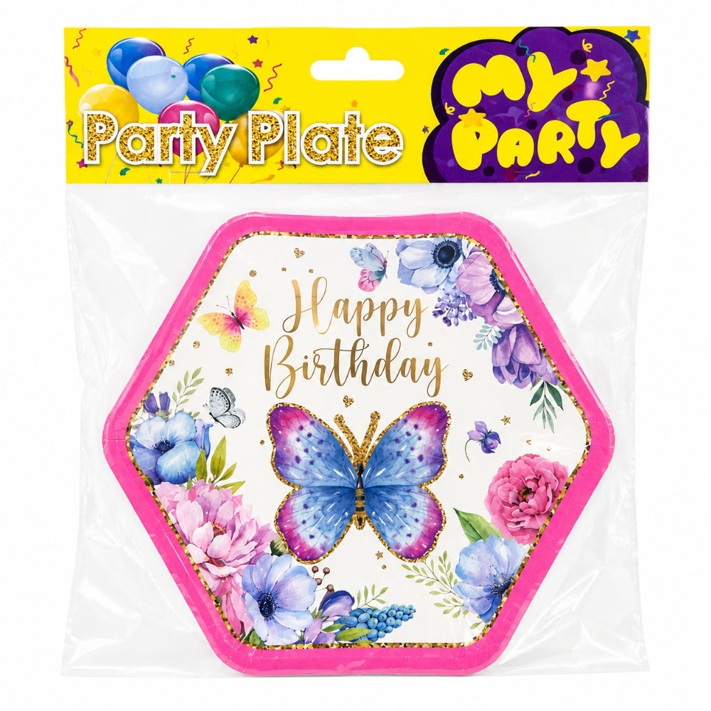 Happy Birthday Butterfly Printed Disposable Party Plates - 16 Cm - Pack Of 6 Pcs