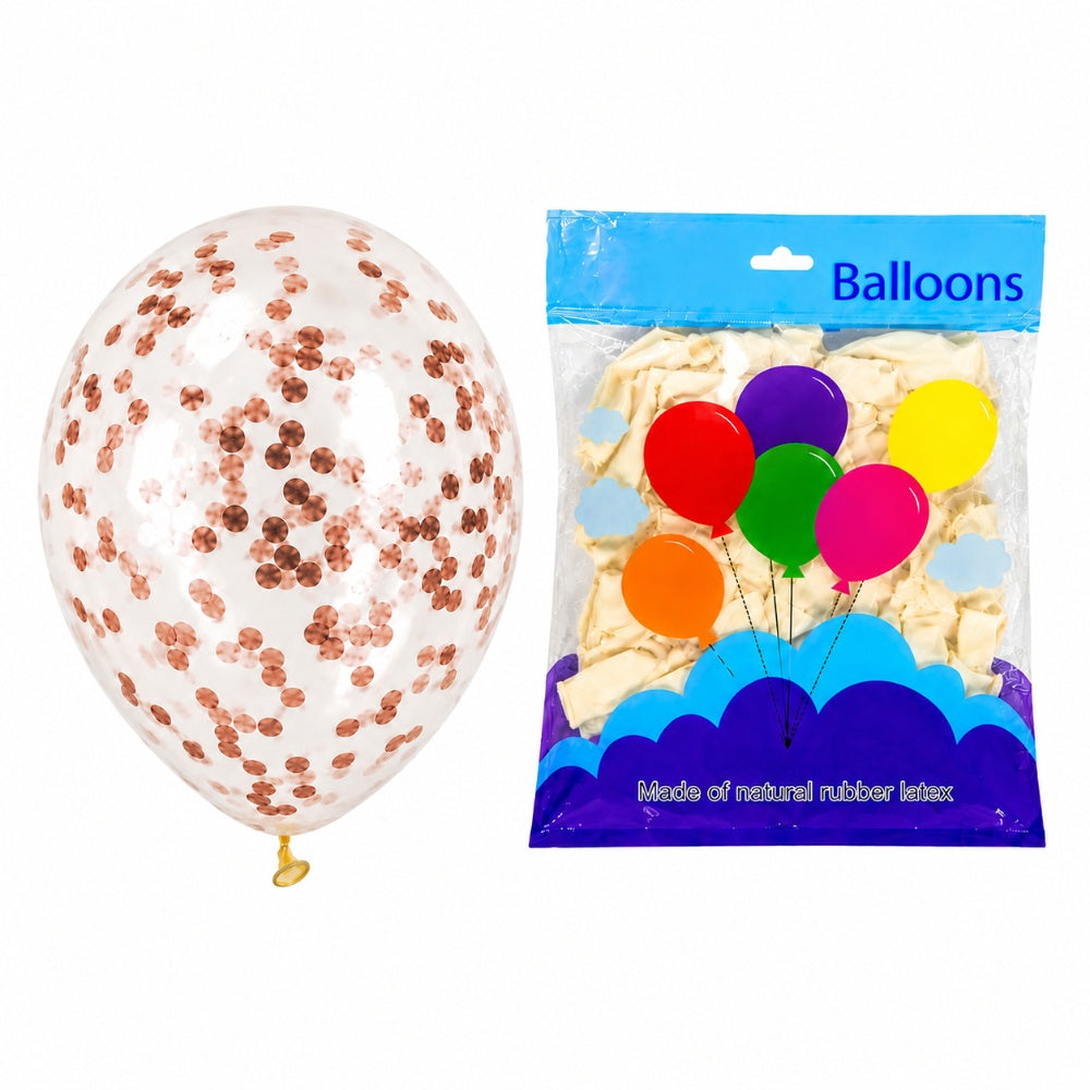 Pearl White Confetti Balloons With Rose Gold Confetti - Latex Party Balloons - Pack Of 50Pcs