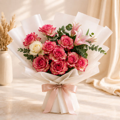 Elegant Pink Rose And Lily Hand Bouquet
