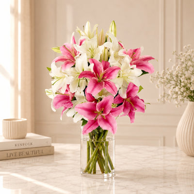 Fresh Pink and White Lily Vase Arrangement