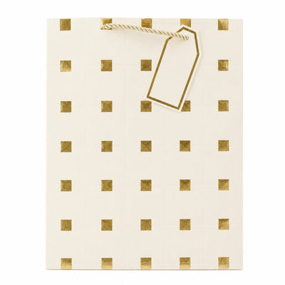 Square Gold Embossed Gloss Gift Bag With Gift Tag - Off White Colour - 31X42X12 Cm