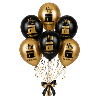 Hajj Mubarak Metallic Helium Balloon Bouquet 6pcs Set - Black And Gold Colour