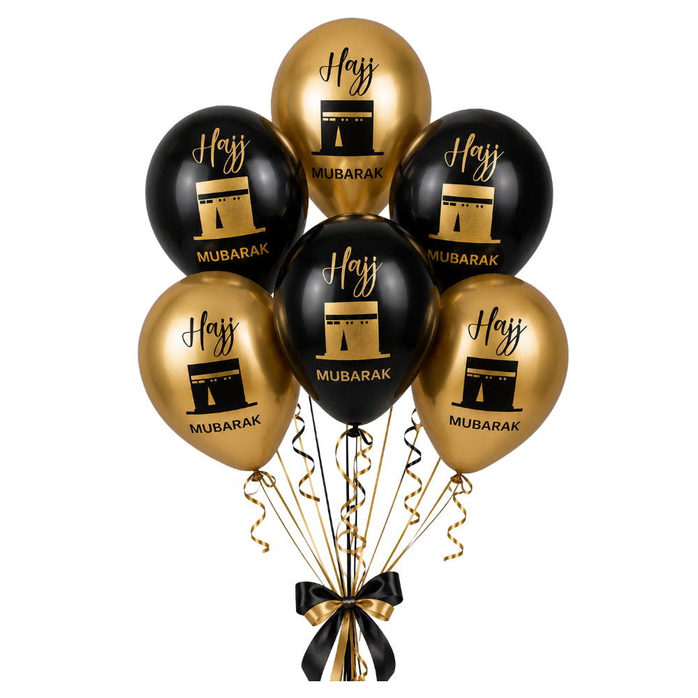 Hajj Mubarak Metallic Helium Balloon Bouquet 6pcs Set - Black And Gold Colour