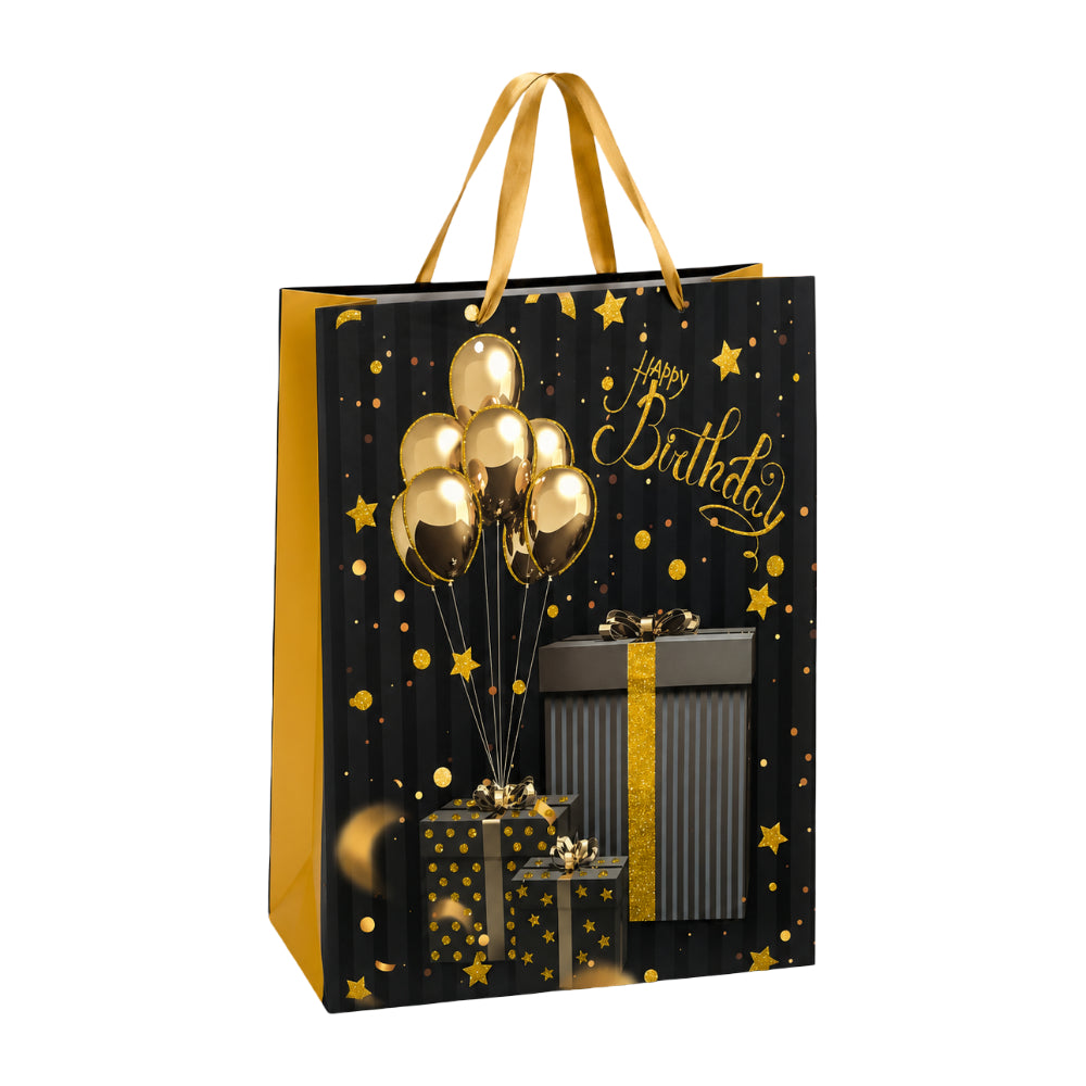 Happy Birthday Glitter Gift Box Theme Gift Bag - Black - 40X55X15 Cm