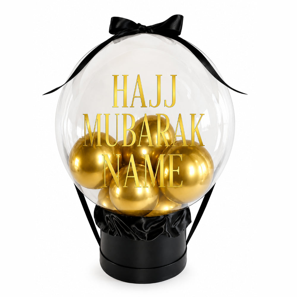 Customized Hajj Mubarak Hot Air Balloon Gift Box - Gold And Black Colour