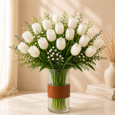 White Tulip Flower Arrangement in Glass Vase