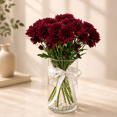Elegant Burgundy Chrysanthemum Flower Arrangement In Vase
