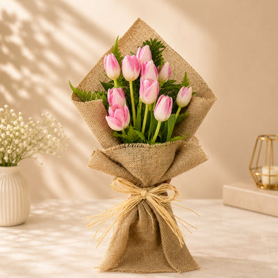 Pink Tulip Flower Bouquet with Rustic Burlap Wrapping