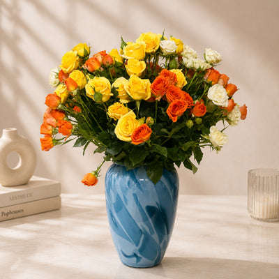 Premium Mixed Spray Roses Arrangement in Blue Vase