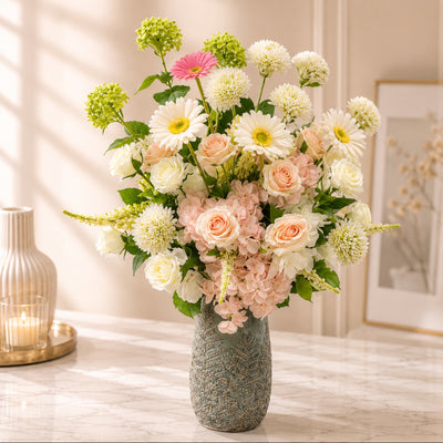 White Gerbera Artificial Flower Arrangement With Hydrangea In Designer Vase