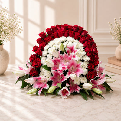 Premium Red Roses, Pink Lilies & White Chrysanthemum Floral Arrangement