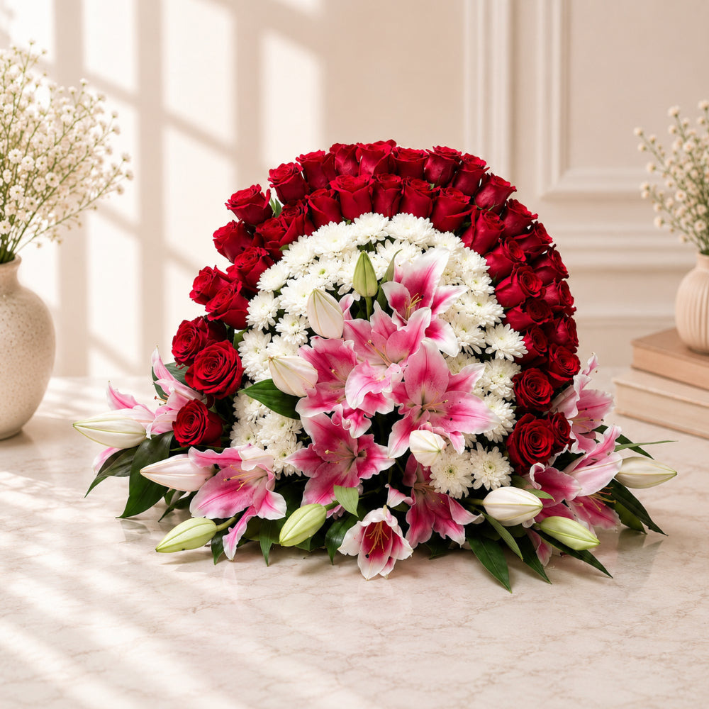 Premium Red Roses, Pink Lilies & White Chrysanthemum Floral Arrangement