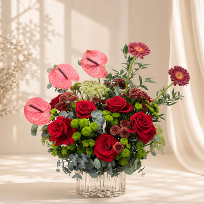 Luxury Red Rose & Pink Anthurium Vase Arrangement