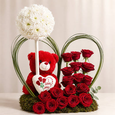 Romantic Red Rose & Teddy Bear Flower Arrangement
